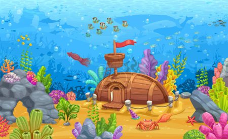 Illustration for Sunken boat house building at underwater landscape, vector cartoon sea or ocean. Fairytale undersea house building in sunken wooden ship with ocean fishes, squid and whales or dolphins in sea water - Royalty Free Image