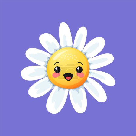 Téléchargez les illustrations : Dessin animé sourire à la camomille, fleur de marguerite ou personnage de camomille avec visage drôle, émoticône emoji vecteur. Joyeux sourire bébé camomille avec timide rougeur, fleur de marguerite kawaii sourire pour les enfants mascotte - en licence libre de droit