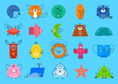 Ilustración de Personajes de animales de dibujos animados con formas matemáticas. Erizo, zorro, pavo real, caracol, mapache y cangrejo, peces, oso, rectángulo de tortuga, círculo, triángulo y cubo, elipse, pentágono formas vector personajes divertidos - Imagen libre de derechos