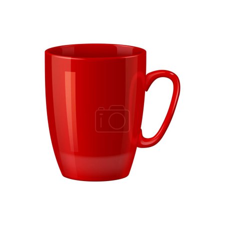 Illustration for Red mug, realistic, coffee or tea cup, tableware mockup of ceramic teacup with handle, isolated vector. 3D coffee mug or tea cup mock up for porcelain kitchenware or drink dishware and table crockery - Royalty Free Image
