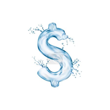 Illustration for Liquid water dollar sign with splash bubbles, transparent type font, aqua typeface, wet glyph. Isolated 3d vector watery script with intricate curves and fluid lines, resembling the currency symbol - Royalty Free Image