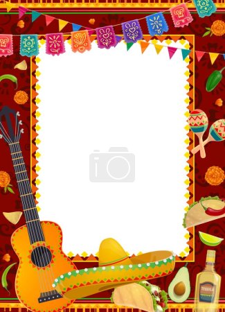 Illustration for Mexican holiday frame with sombrero, guitar and maracas, vector background. Mexican fiesta of Cinco de Mayo border frame with papel picado flags, tequila, taco and chili jalapeno peppers and flowers - Royalty Free Image