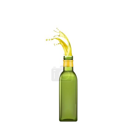 Illustration for Olive oil bottle with splash for package mockup of extra virgin olive oil, realistic vector. Olive oil glass bottle with splashing flow or spilling pour of oil for natural organic products package - Royalty Free Image
