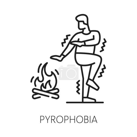 Illustration for Human pyrophobia phobia icon, mental health. Fear of fire, mental disorder, people psychology problem linear vector sign. Fear problem thin line symbol or pictogram with man scared of bonfire flame - Royalty Free Image