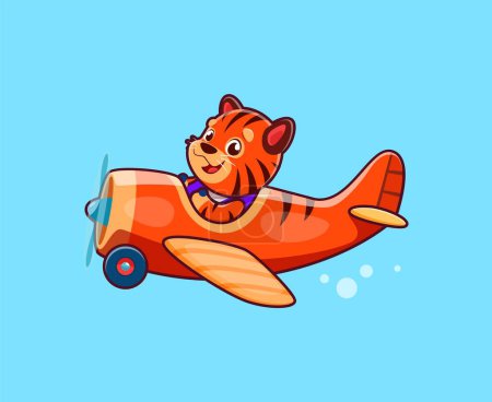 Illustration for Cartoon tiger animal character on plane. Funny pilot kid flying on propeller airplane, cute tiger child traveling on vintage plane isolated vector personage. Adorable animal baby in old aircraft - Royalty Free Image