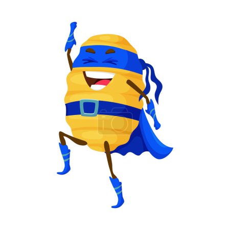 Illustration for Cartoon gnocchi italian pasta food superhero character. Isolated vector quirky, noodle-themed hero with pasta-themed super powers, fighting against hunger and saving the world with a sprinkle of charm - Royalty Free Image