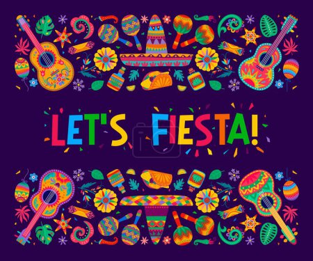 Téléchargez les illustrations : Bannière mexicaine de fête de fiesta avec sombrero, maracas et guitares, ornement vecteur de fleurs tropicales. Affiche de fête mexicaine avec motif coloré de burrito mexicain, tequila ou pinata et fleurs - en licence libre de droit