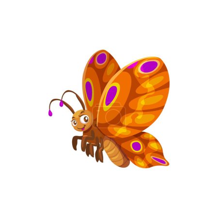 Illustration for Cartoon butterfly character, isolated vector cheerful, fluttering garden or wild insect personage with vibrant, multicolored wings and smile, spreading joy and positivity with its graceful dance - Royalty Free Image