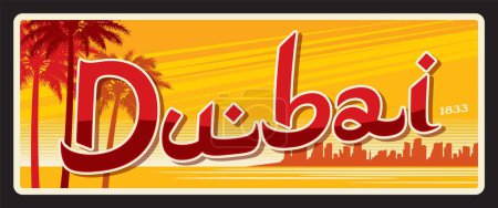 Téléchargez les illustrations : Dubaï capitale des Émirats arabes unis. Plaque ou autocollant de voyage vectoriel, panneau d'étain vintage, carte postale de vacances rétro ou panneau de voyage, étiquette de bagage. Carte avec silhouette de paysage urbain et paumes - en licence libre de droit
