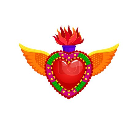 Ilustración de Corazón sagrado mexicano con llamas ardientes y alas para tatuaje, símbolo de la religión vectorial del amor de Jesús. Sagrado Corazón o Corazon Milagro símbolo de la religión católica mexicana para Dios fe o milagro divino - Imagen libre de derechos