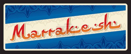 Téléchargez les illustrations : Marrakech ville au Maroc, carte souvenir. Plaque ou autocollant de voyage vectoriel, panneau d'étain vintage, carte postale de vacances rétro ou panneau de voyage, étiquette de bagage. Plaque avec ornements et drapeau - en licence libre de droit