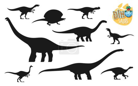 Téléchargez les illustrations : Collection de silhouettes de dinosaures. Reptile de paléontologie, lézard vecteur de l'ère jurassique éteint. Pelecanimimus, Kileskus, Cetiosaurus et Scutellosaurus, Maiasaura, Mamenchisaurus silhouettes de dinosaures - en licence libre de droit