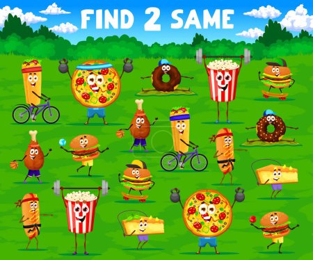 Illustration for Find two same cartoon fast food characters on sport vacation. Objects finding kids game vector worksheet with burrito, pizza, donut and popcorn, burger, cake funny personages doing fitness exercises - Royalty Free Image