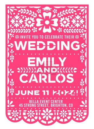 Illustration for Wedding marriage invitation with mexican papel picado paper cut banner. Vector template of wedding card or marriage anniversary party invite flyer with papercut floral pattern, flowers and leaves - Royalty Free Image