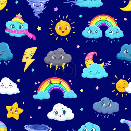Illustration for Cartoon cute weather characters seamless pattern. Wrapping paper print, wallpaper vector pattern or textile backdrop with rain and thunderstorm cloud, sun, rainbow, hurricane and lightning personages - Royalty Free Image