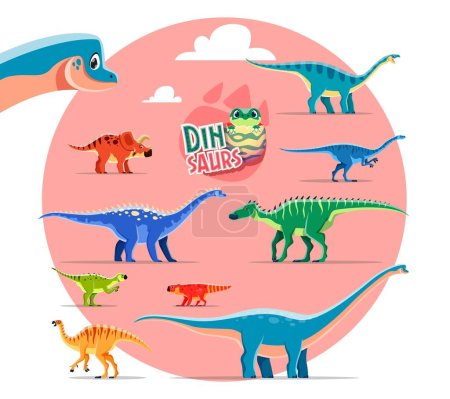 Illustration for Cartoon dinosaur, ancient reptiles characters. Extinct animal, vector Jurassic dinosaurs. Lufengosaurus, Camptosaurus, Coloradisaurus and Antarctosaurus, Bagaceratops, Psittacosaurus cute personages - Royalty Free Image