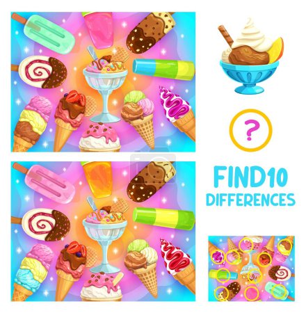 Illustration for Find ten differences in cartoon ice cream gelato, sundae, chocolate and vanilla cone, vector puzzle worksheet. Frozen sweet desserts or ice cream scoop in cones, kids quiz game to find ten differences - Royalty Free Image