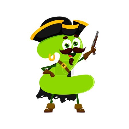 Ilustración de Dibujos animados divertido número 2 pirata o personaje de corsario en sombrero de capitán tricornio con pistola, vector aislado. Número dos personaje como filibuster pirata caribeño, corsario o bucanero marinero con pendiente - Imagen libre de derechos