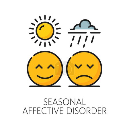 Illustration for Seasonal affective disorder psychological disorder problem, mental health icon, depicting sun and cloud and faces with sad and happy expression, symbolizing the impact of reduced sunlight on mood - Royalty Free Image