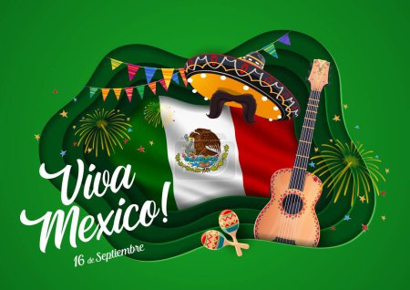 Illustration for Viva Mexico paper cut banner for Mexican Independence Day holiday, vector background. Mexican sombrero with mustaches, mariachi guitar and maracas with fireworks and Mexico flag for Independence Day - Royalty Free Image