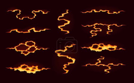 Ilustración de Volcán magma lava, grietas de tierra de fuego. Dibujos animados vector terremoto fisuras, la destrucción de la tierra textura vista superior. Flujos anaranjados brillantes y fundidos que crean ríos ardientes con intenso calor y fuerza explosiva - Imagen libre de derechos