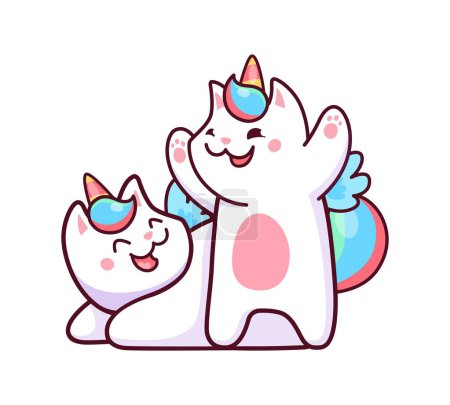 Illustration for Cartoon kawaii caticorn cat and kitten pet character. Isolated vector fantasy animal personages with colorful tail, wings and horn rejoice and fun together. Funny magic kitten friends, unicorn kitties - Royalty Free Image
