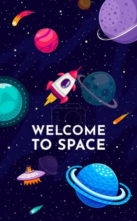 Illustration for Welcome to space banner. Flying spaceship and UFO between galaxy planets, stars and comets. Galaxy exploration and space research vector poster with cartoon planets, alien flying saucer and rocket - Royalty Free Image