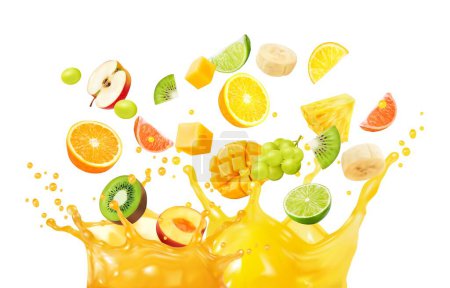 Illustration for Multifruit juice or fruit mix splash in corona wave of tropical drink, realistic vector. Orange, mango, apple and kiwi with pineapple and lime or grape and banana in juicy fruit yellow splash drops - Royalty Free Image