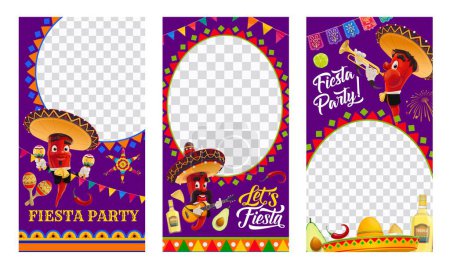 Ilustración de Fiesta mexicana fiesta fiesta redes sociales plantillas banners. Plantilla vectorial de invitación de fiesta nacional de cultura hispana con personajes músicos de mariachis de chile tocando la guitarra, maracas y trompeta - Imagen libre de derechos