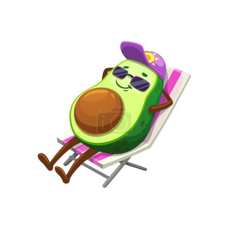 Illustration for Cartoon Mexican avocado character lying on a sun lounger. Fresh tropical fruit, raw avocado cheerful mascot or isolated vector personage on summer vacation, sunbathing on beach in lounge chair - Royalty Free Image