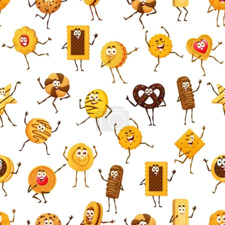 Illustration for Cartoon cookie, pastry characters seamless pattern. Funny biscuit personages vector background of sweet dessert food. Cute chocolate chip, oatmeal and sandwich cookies, crackers and pretzel backdrop - Royalty Free Image