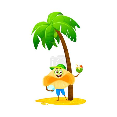 Téléchargez les illustrations : Cartoon conchiglioni pâtes caractère en vacances d'été à la plage. Personnage vectoriel mignon de la nourriture italienne macaroni debout sur la plage de sable sous le palmier avec cocktail tropical et balle, vacances d'été - en licence libre de droit