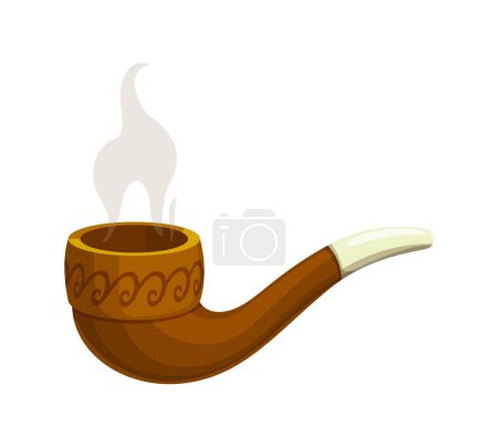 Illustration for Cartoon steaming smoking pipe. Isolated vector ancient wooden device used for inhaling tobacco or other substances, consists of a bowl for the substance, a stem, and a mouthpiece for smoking - Royalty Free Image