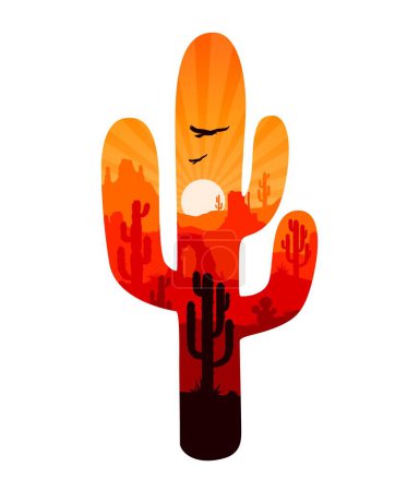 Ilustración de Paisaje desértico mexicano en forma de suculento cactus, silueta de doble exposición vectorial. México o paisaje desértico occidental con cactus y águila voladora sobre rocas montañosas en valle desértico - Imagen libre de derechos