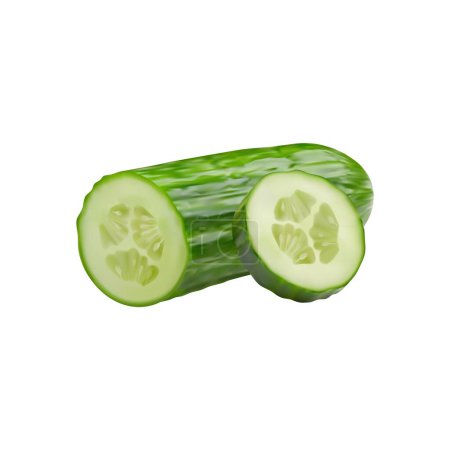 Illustration for Realistic raw cucumber vegetable, ring slice and half, veggie nutrition. Isolated 3d vector crisp and refreshing, healthy green, cylindrical veg with a mild, watery taste for eating fresh in salads - Royalty Free Image