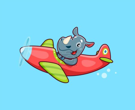 Illustration for Cartoon rhino baby animal character on plane. Adorable african rhino kid flying on vintage aircraft, funny animal child pilot sitting in propeller plane, traveling on old airplane vector personage - Royalty Free Image