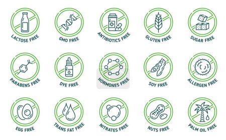 Sugar, gluten, GMO, lactose free icons and signs. Steroids, parabens and hormones, antibiotics, soy, allergen and palm oil, trans fat, nuts, egg contain in food product outline symbol pictograms