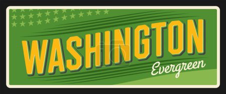 Illustration for Washington evergreen USA state vintage sign, Olympia capital, Seattle city billboard or travel plate. Vector tourism banner, retro postcard. Vintage road sign, american Washington D.C. capital - Royalty Free Image