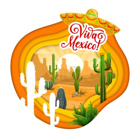 Téléchargez les illustrations : Paysage désertique mexicain avec succulente bannière vectorielle en papier de cactus. Viva Mexico sombrero chapeau, sable, montagnes et soleil, saguaro, agave et baril plantes de cactus dans un cadre 3D avec des couches de papier ondulé - en licence libre de droit