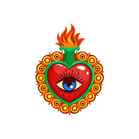 Illustration for Mexican sacred heart with eye and burning flames, tattoo or religion vector symbol. Sacred heart or Corazon Milagro symbol of Jesus love and God divine miracle in Mexican Catholic religion - Royalty Free Image