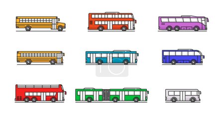 Ilustración de Ciudad, viaje y autobús escolar iconos de la línea de color. Transporte urbano y público, transporte urbano de pasajeros contorno pictograma vector con doubledecker, traslado al aeropuerto y viajes turísticos, autobús articulado - Imagen libre de derechos