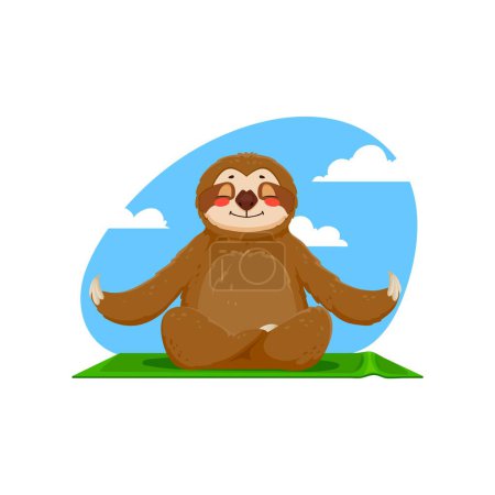 Illustration for Cartoon funny sloth character meditate in yoga asana. Isolated vector cute comical animal personage blissfully serene in lotus pose. With a tranquil smile, it embodies the art of slow, zen meditation - Royalty Free Image