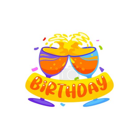 Illustration for Happy birthday badge, greetings sticker with clinking champagne glasses, radiating celebration and joy. Isolated vector festive emblem with lettering for toasting to special moment and making memories - Royalty Free Image