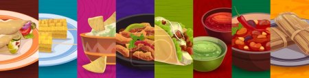 Téléchargez les illustrations : Cuisine mexicaine collage alimentaire. De la nourriture Tex Mex. Menu repas restaurant mexicain à emporter fond vectoriel, bannière mexicaine Tex Mex avec taco, chips nacho et sauce guacamole, enchiladas, tamale et maïs - en licence libre de droit