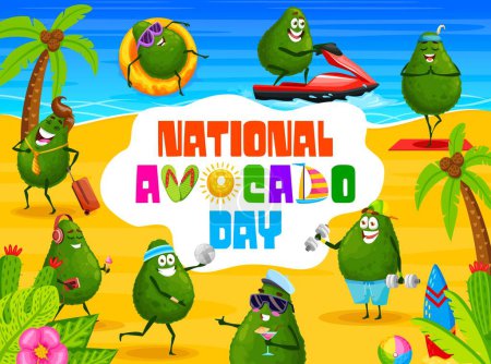 Illustration for Avocado Day banner with cartoon funny Mexican avocado characters, vector background. Happy avocados on summer beach at sea travel with cocktail, playing volleyball or yoga meditation and sport gym - Royalty Free Image