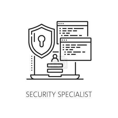 Illustration for Security team IT specialist icon of internet and data privacy protection, line vector. IT security support or technical administration specialist for server cloud and computer network administration - Royalty Free Image
