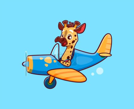 Téléchargez les illustrations : Bébé girafe personnage animal dans l'avion. Bébé animal africain mignon volant sur avion hélice, girafe drôle enfant isolé personnage vecteur voyageant dans l'avion. Adorable pilote enfant dans l'avion - en licence libre de droit