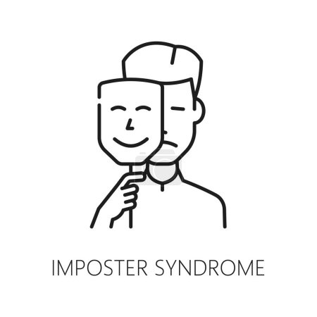 Illustration for Imposter syndrome psychological disorder problem, mental health. Psychotherapy, human psychology problem or cognitive disorder, mental health line vector sign with sad man holding smiling face mask - Royalty Free Image