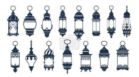 Téléchargez les illustrations : Ramadan ou Aïd Moubarak arabe célèbre lanterne islamique ou silhouettes de lampe. Moyen-Orient antique lumière suspendue au kérosène, lampe à gaz antique turque ou lanterne vintage islamique silhouettes vectorielles isolées ensemble - en licence libre de droit