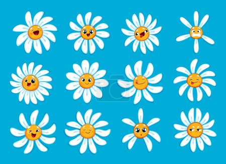 Illustration for Cartoon chamomile, daisy flowers characters with funny face emotions. Vector set of camomile blooms smile, laugh, crazy or wink, surprised and sad cute personages. Isolated emoticons, funny blossoms - Royalty Free Image